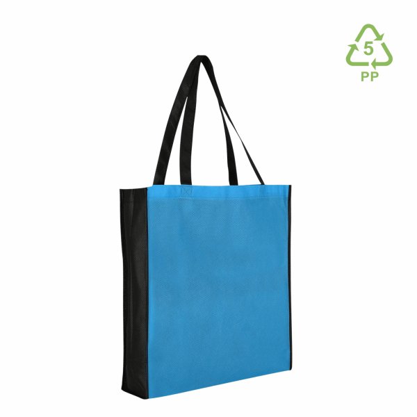 Non-Woven Shopper mit Boden- und Seitenfalte - Hochformat 38+10x42 cm - blau/schwarz - bedruckt