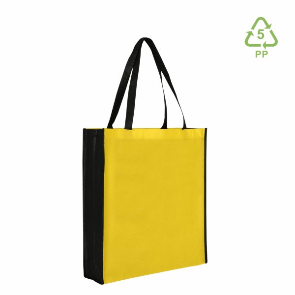 Non-Woven Shopper mit Boden- und Seitenfalte - Hochformat 38+10x42 cm - gelb/schwarz