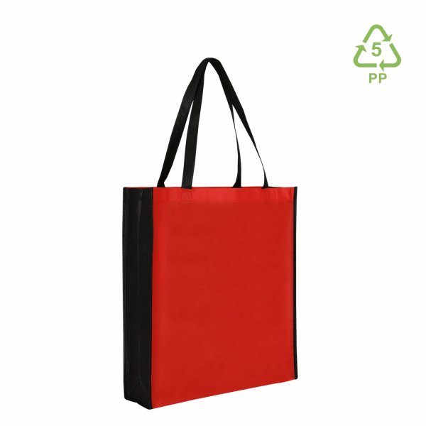 Non-Woven Shopper mit Boden- und Seitenfalte - Hochformat 38+10x42 cm - rot/schwarz