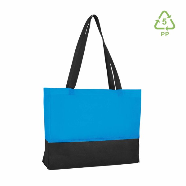 Non-Woven Shopper mit Boden- und Seitenfalte - Querformat 38+10x29 cm - blau/schwarz