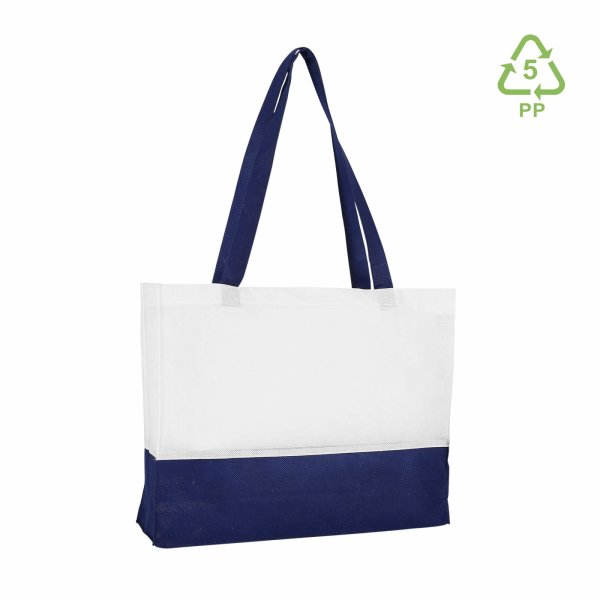 Non-Woven Shopper mit Boden- und Seitenfalte - Querformat 38+10x29 cm - weiß/blau