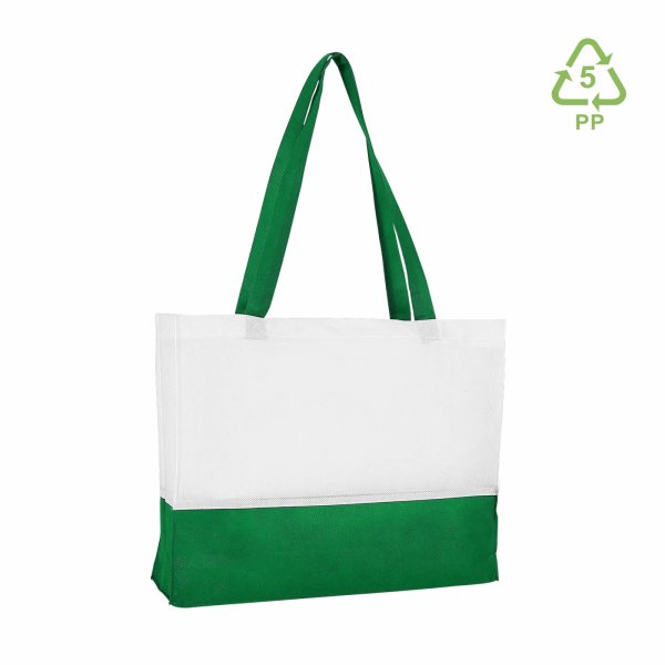 Shopper Non-Woven - Vliestaschen mit zwei langen Henkeln - Boden- und Seitenfalte - Format 38+10x29 cm - weiß/dunkelgrün