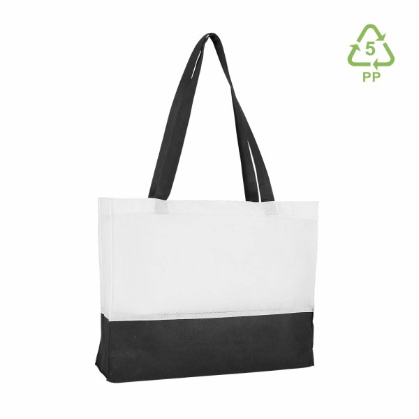 Shopper Non-Woven - Vliestaschen mit zwei langen Henkeln - Boden- und Seitenfalte - Format 38+10x29 cm - weiß/schwarz