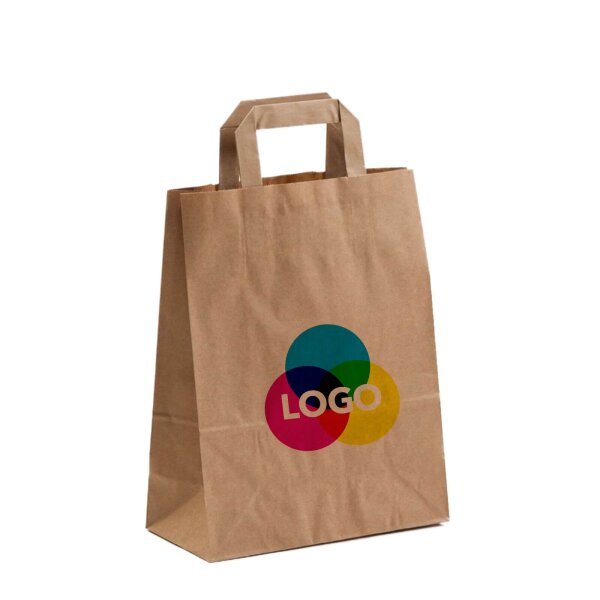 Papiertasche mit CMYK-Werbedruck - Flachhenkel - Format 22+10x28 cm - VPE 250 Stück - braun 80 g/qm
