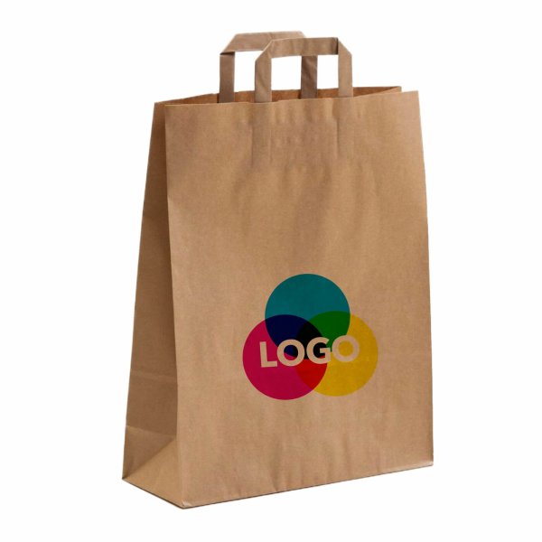 Papiertasche mit CMYK-Werbedruck - Flachhenkel - Format 32+12x40 cm - VPE 250 Stück - braun 90 g/qm