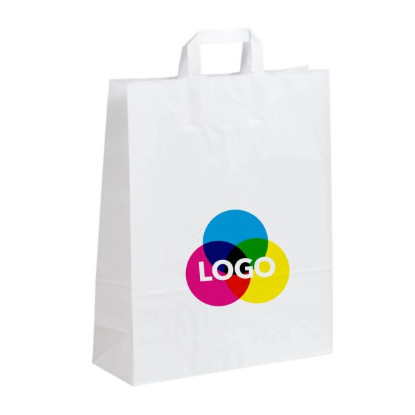 Papiertasche mit CMYK-Werbedruck - Flachhenkel - Format 32+12x40 cm - VPE 250 Stück - weiß 90 g/qm