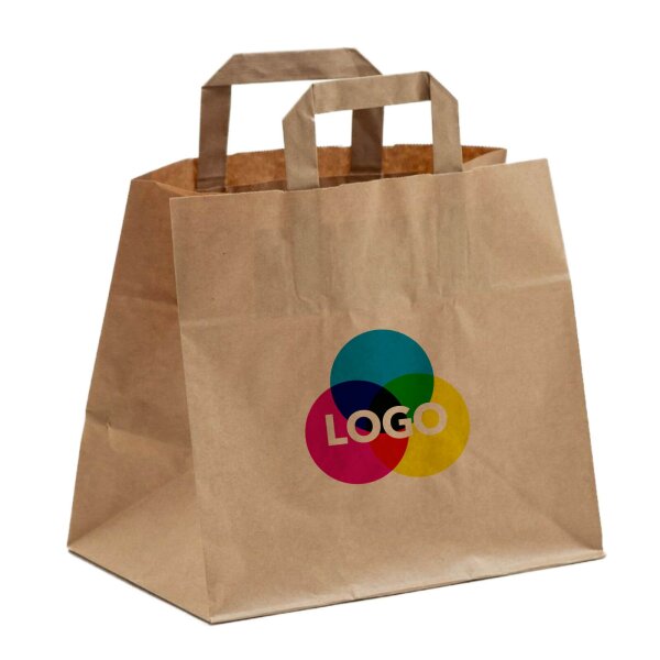 Papiertasche mit CMYK-Werbedruck - Flachhenkel - Format 32+21,5x27 cm - VPE 250 Stück - Kuchentasche -  braun 70 g/qm