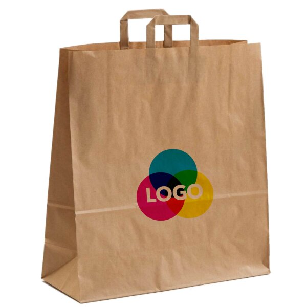 Papiertasche mit CMYK-Werbedruck - Flachhenkel - Format 46+17x47 cm - VPE 150 Stück - braun 110 g/qm