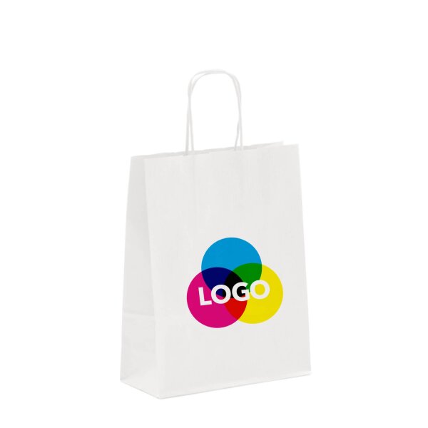 Papiertasche mit CMYK-Werbedruck - Papierkordel - Format 18+08x24 cm - VPE 300 Stück - weiß 100 g/qm