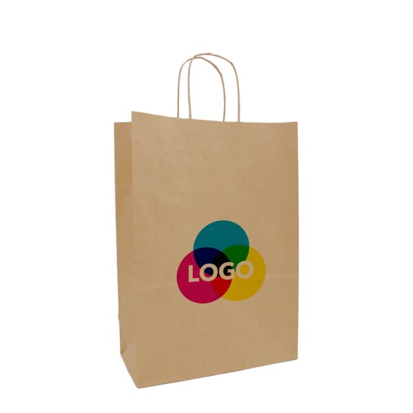 Papiertasche mit CMYK-Werbedruck - Papierkordel - Format 22+10x28 cm - VPE 250 Stück - braun 100 g/qm