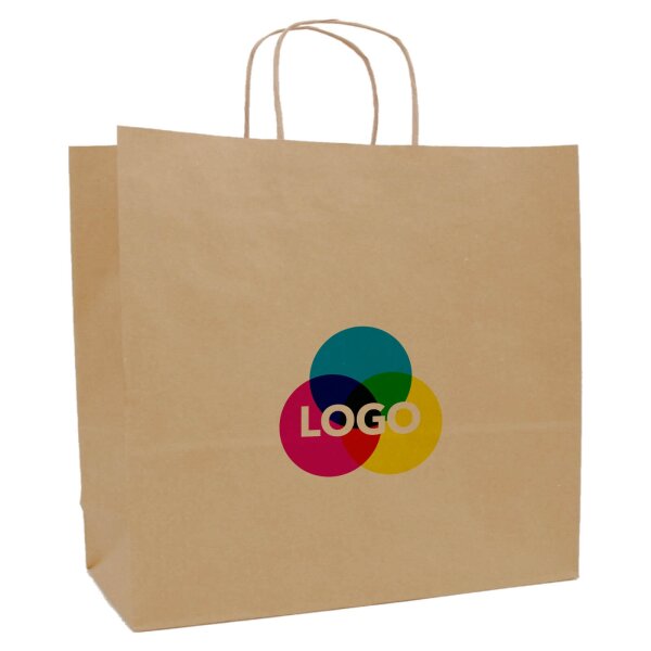 Papiertasche mit CMYK-Werbedruck - Papierkordel - Format 54+15x49 cm - VPE 125 Stück - braun - 110 g/qm