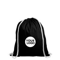 Rucksack aus Baumwolle - Format 38x42 cm - schwarz bedruckt mit Logo