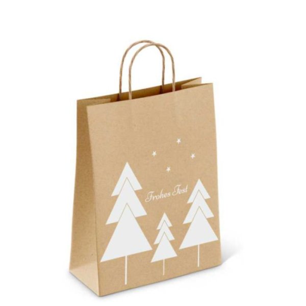 Weihnachtliche Papiertragetasche mit Papierkordel - Format 22+10x28 cm - je VPE 250 Stück - Kraftpapier braun 80 g/qm - Motiv weißer Tannenwald