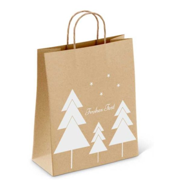Weihnachtliche Papiertragetasche mit Papierkordel - Format 32+12x40 cm - je VPE 250 Stück - Kraftpapier braun 90 g/qm - Motiv weißer Tannenwald