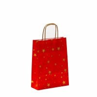 Rote Papiertaschen mit Sterne gold - 18x7x24 cm - Papierkordeln - Weihnachten