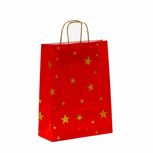 Weihnachtliche Papiertaschen in rot mit goldenen Sternen mit Papierkordeln - Format 24x10x31 cm