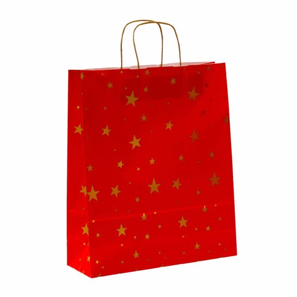 Weihnachtliche Papiertaschen in rot mit goldfarbenen Sternen und Papierkordeln - Format 36x12x41 cm