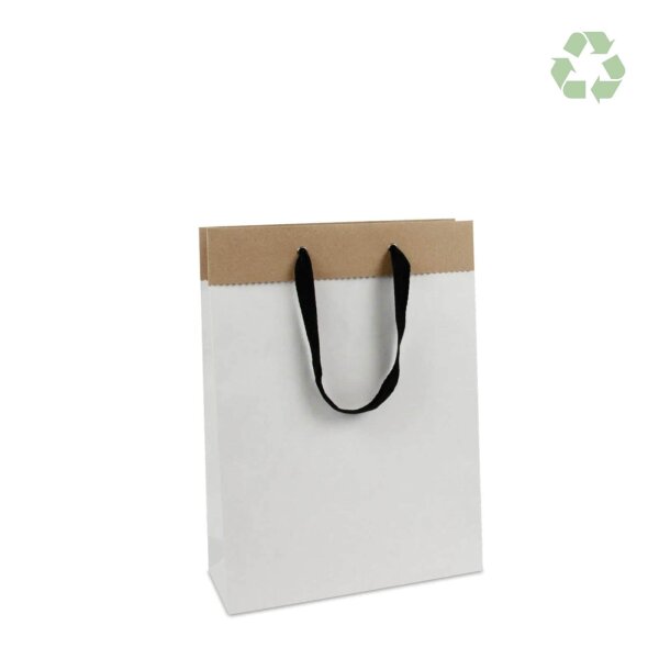Recycling-Papiertasche - Format 26+10x35 cm - Baumwollbändern - weiß (außen) / braun (innen)