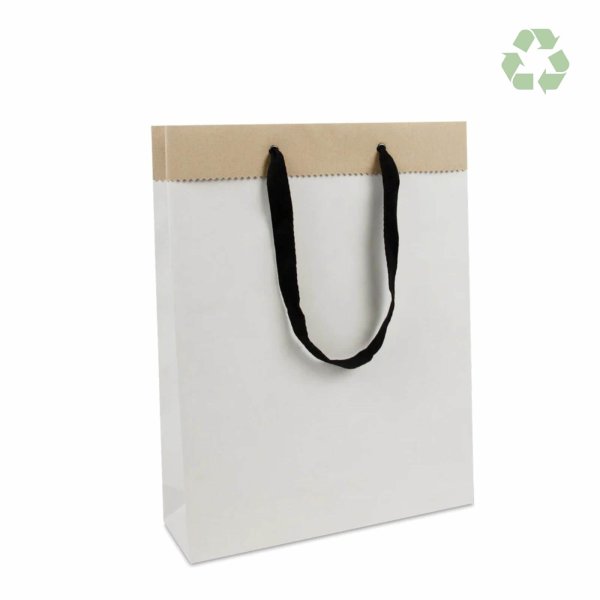 Recycling-Papiertasche - Format 31+10x40 cm - Baumwollbändern - weiß (außen) / braun (innen)