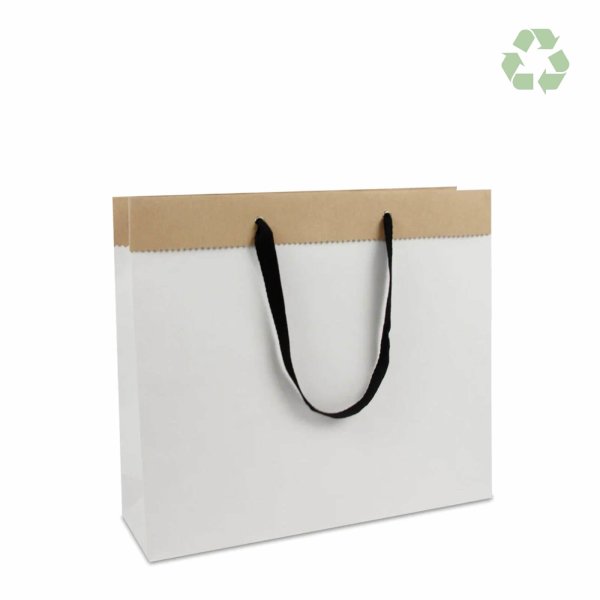 Recycling-Papiertasche - Format 40+12x35 cm - Baumwollbändern - weiß (außen) / braun (innen)