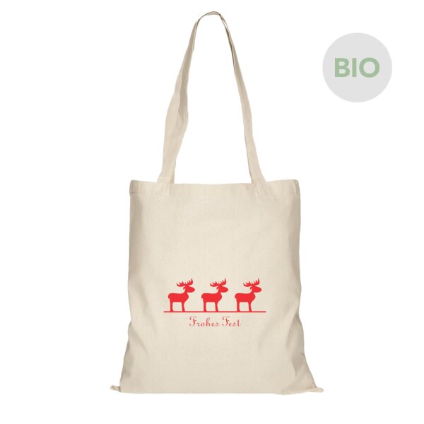 Weihnachtstasche (Bio) - Format 38x42 cm - Bio-Stofftasche mit langen Henkeln - Motiv Elch - naturfarben