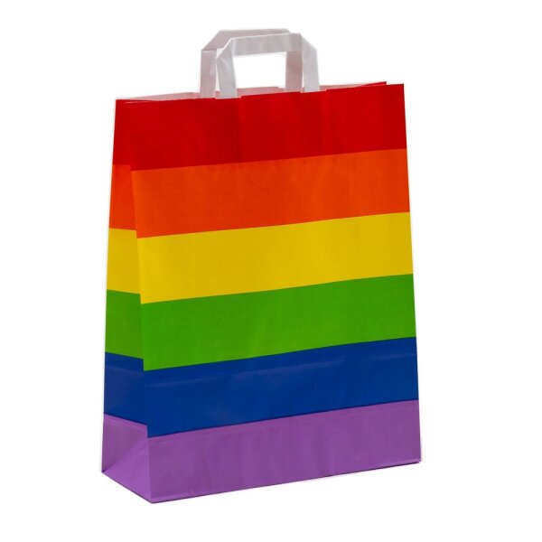 Gestreifte Papiertragetasche in Regenbogen-Farben: rot, orange, gelb, grün, blau, lila mit weißen Flachhenkln im mittelgroßen Format 32x12x40cm