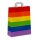 Gestreifte Papiertragetasche in Regenbogen-Farben: rot, orange, gelb, grün, blau, lila mit weißen Flachhenkln im mittelgroßen Format 32x12x40cm