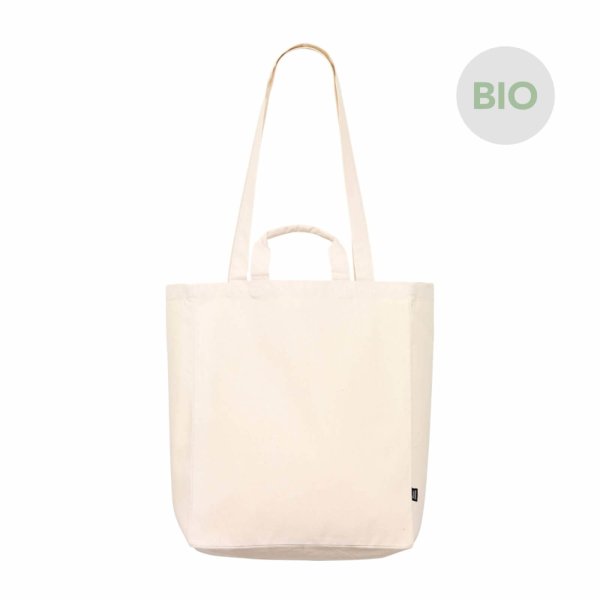 Bio-Canvas-Tasche im Format 35x42+13 cm mit kurzen und langen Griffen, Bodenfalte und Innenfach in naturfarben bedruckt mit Logo