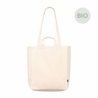 Bio-Canvas-Tasche im Format 35x42+13 cm mit kurzen und langen Griffen, Bodenfalte und Innenfach in naturfarben
