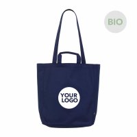 Bio-Canvas-Tasche im Format 35x42+13 cm mit kurzen und langen Griffen, Bodenfalte und Innenfach in dunkelblau bedruckt mit Logo