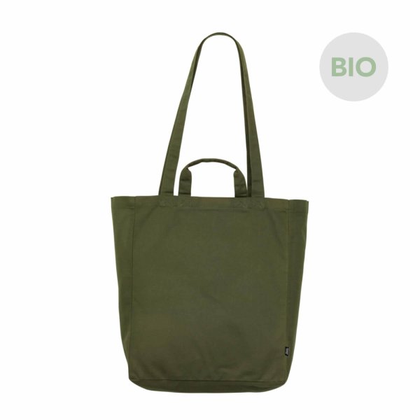 Bio-Canvas-Tasche im Format 35x42+13 cm mit kurzen und langen Griffen, Bodenfalte und Innenfach in olivgrün