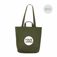 Bio-Canvas-Tasche im Format 35x42+13 cm mit kurzen und langen Griffen, Bodenfalte und Innenfach in olivgrün bedruckt mit Logo