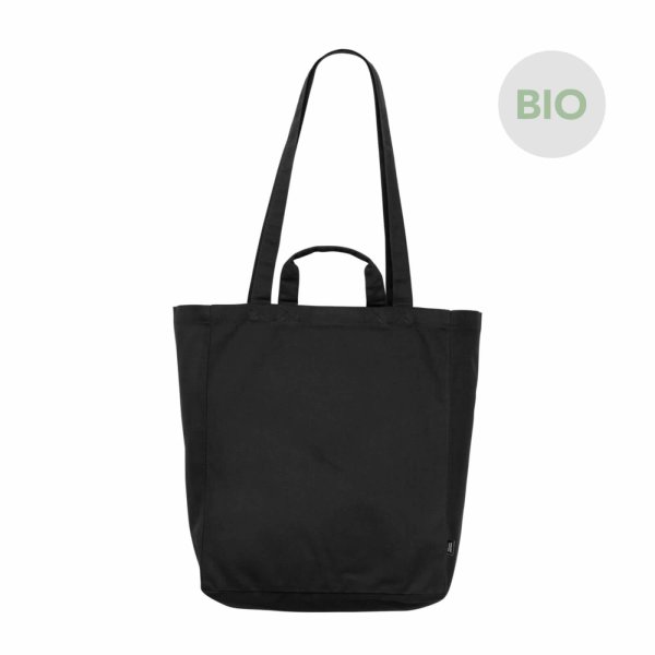 Bio-Canvas-Tasche im Format 35x42+13 cm mit kurzen und langen Griffen, Bodenfalte und Innenfach in schwarz - seitlich abgebildet