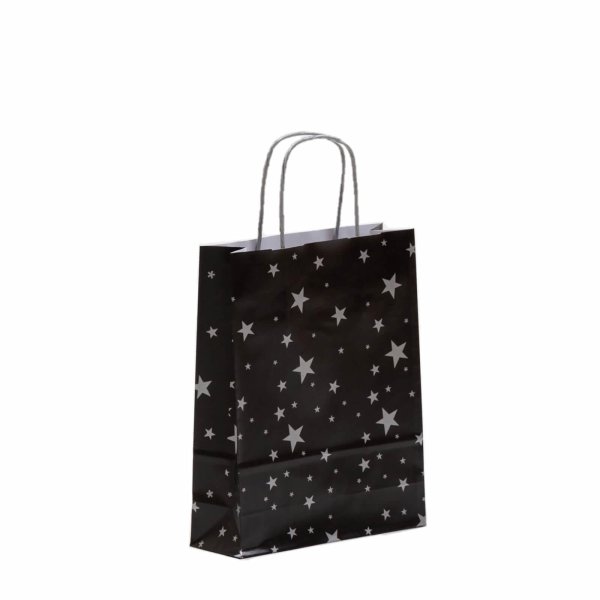 Weihnachtstasche mit Papierkordeln - Format 18+07x24 cm - VPE 250 Stück - Sterne schwarz / silber