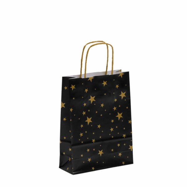 Weihnachtliche Papiertaschen in schwarz mit goldenen Sternen mit Papierkordeln - Format 18x07x24 cm