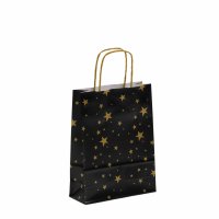 Schwarze Papiertaschen mit Sterne gold - 18x7x24 cm - Papierkordeln - Weihnachten