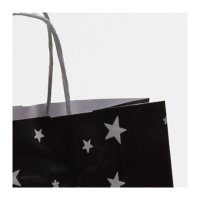Weihnachtliche Papiertaschen in schwarz mit silbernen Sternen mit Papierkordeln - Format 24x10x31 cm - Nahaufnahme