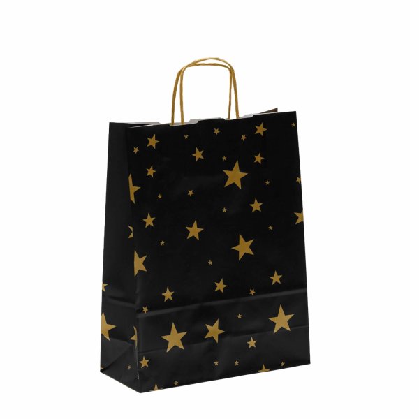 Weihnachtliche Papiertaschen in schwarz mit goldenen Sternen - Format 24x10x31 cm - Papierkordeln