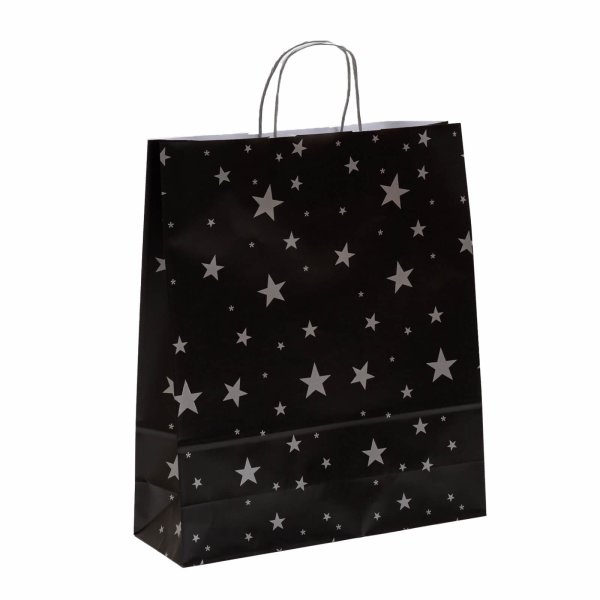 Schwarze Papiertaschen mit silberne Sterne - 36+12x41 cm - Weihnachten