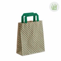 Kleine Graspapiertasche in braun mit grünen Punkten...