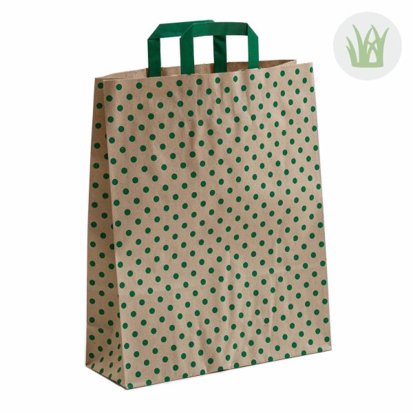 Braune Graspapiertasche mit grünen Punkten und Flachhenkeln - Format 32x12x40cm