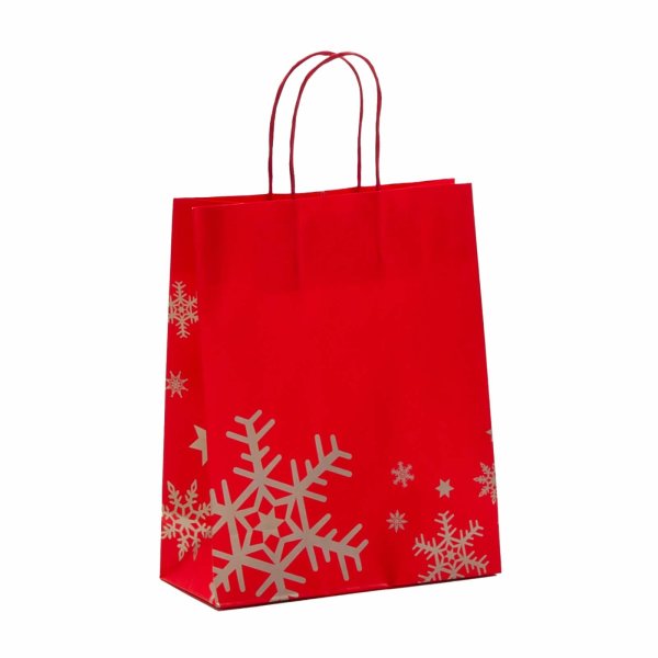 Weihnachtstasche mit Kordeln 22+10x28+5 cm - Schneeflocke rot / silber - Nahaufnahme