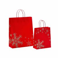 Weihnachtstasche - Format 22+10x28+5 cm - Papierkordeln - VPE 200 Stück - Schneeflocke rot / silber