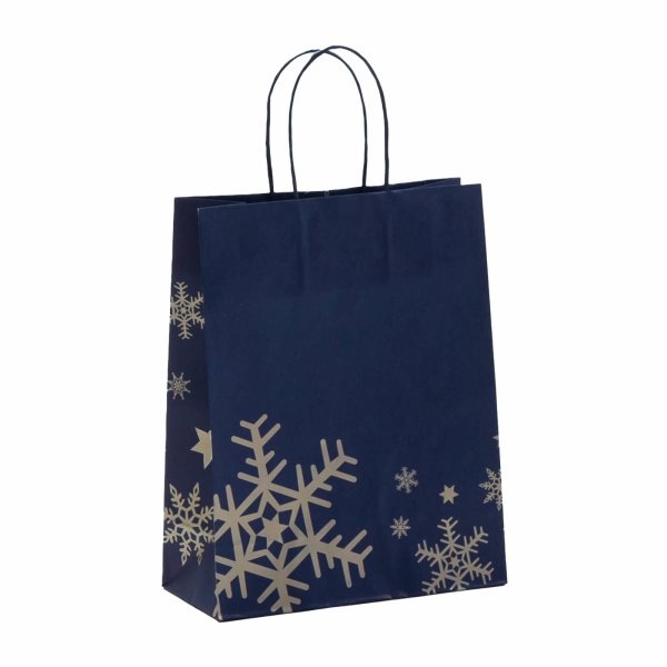 Weihnachtstasche mit Kordeln 22+10x28+5 cm - Schneeflocke blau / silber - Vorderseite