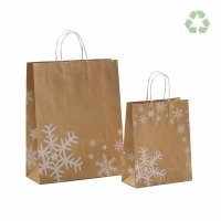 Weihnachtstasche - Format 22+10x28+5 cm - Papierkordeln - VPE 200 Stück - Schneeflocke braun / weiß