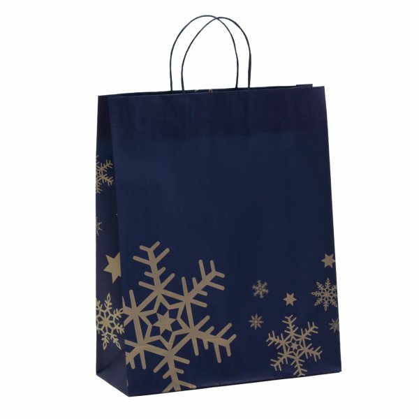Weihnachtstasche mit Kordeln 32+13x40+6 cm - Schneeflocke blau / silber - Vorderseite