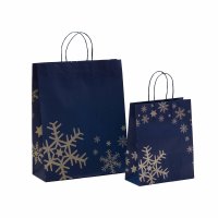 Weihnachtstasche - Format 32+13x40+6 cm - Papierkordeln - VPE 200 Stück - Schneeflocke blau / silber