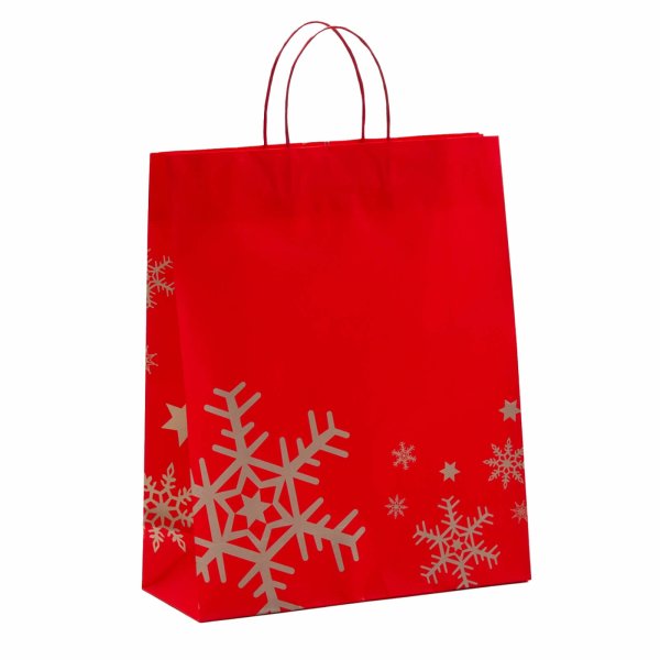 Weihnachtstasche mit Kordeln 32+13x40+6 cm - Schneeflocke rot / silber - Vorderseite