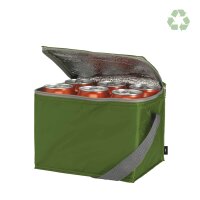Kühltasche RPET (recycelte PET-Flaschen) - Format 19,5+14,5x14 cm - grün - offen befüllt mit 6 Getränkedosen