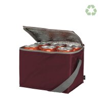 Kühltasche RPET (recycelte PET-Flaschen) - Format 19,5+14,5x14 cm - rot - offen befüllt mit 6 Getränkedosen